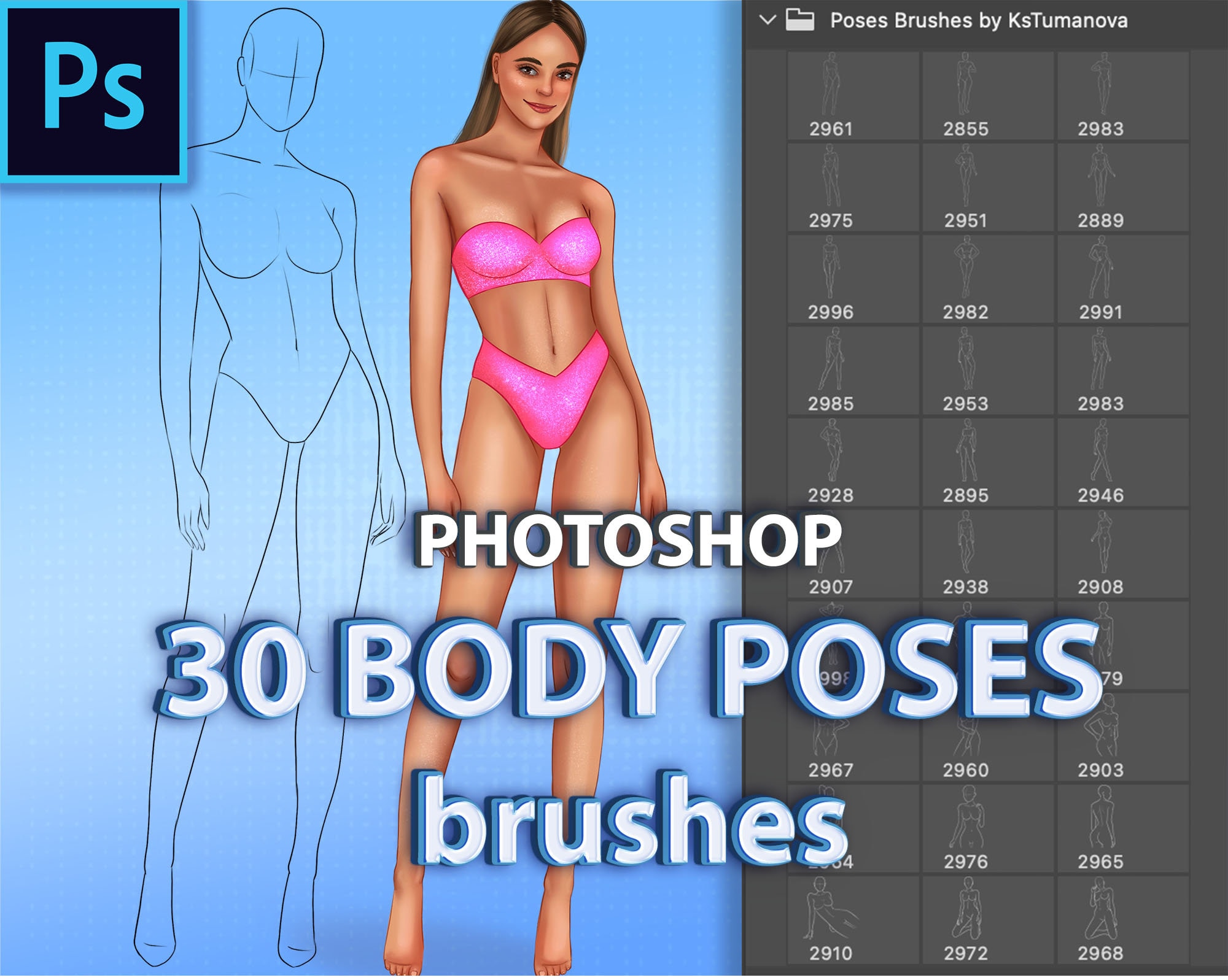 Photoshop body poses brushes. Photoshop female realistic full-body, half-body guide brushes