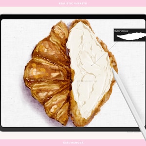 May include: Digital art of a croissant cut in half, with one side covered in a thick layer of white butter. The other half is a golden brown color. A digital stylus points to the butter. Text on the image reads "Realistic Impasto" and "Kstummanova".