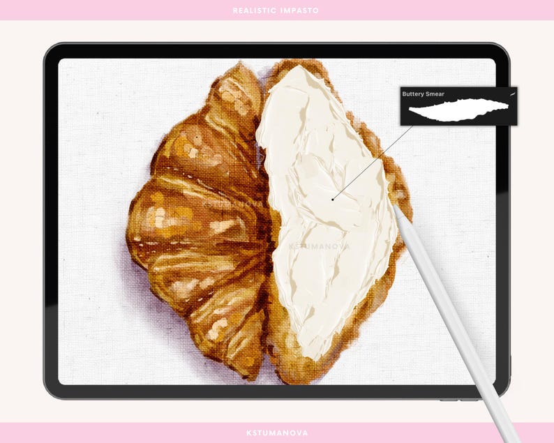 May include: Digital art of a croissant cut in half, with one side covered in a thick layer of white butter. The other half is a golden brown color. A digital stylus points to the butter. Text on the image reads "Realistic Impasto" and "Kstummanova".