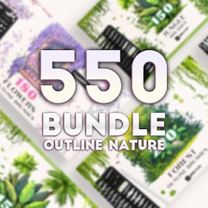 May include: A bundle of 550 outline nature brushes. The image shows several packs with illustrations of flowers, jungle, and forest. The text "550 BUNDLE OUTLINE NATURE" is prominently displayed in the centre.