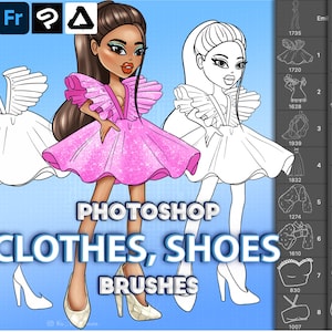 Photoshop Doll clothes brushes. Photoshop pose, outfit, shoes brushes. Digital brushes, Clip Studio Paint, Affinity Photo