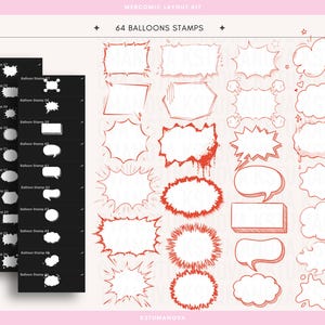 May include: A digital collection of 64 speech balloon stamps for webcomics, featuring various outlined shapes including jagged, rounded, and rectangular styles. The set includes black and white preview panels and red line art on a light background.