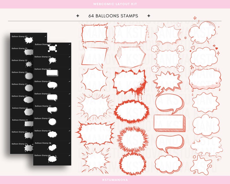 May include: A digital collection of 64 speech balloon stamps for webcomics, featuring various outlined shapes including jagged, rounded, and rectangular styles. The set includes black and white preview panels and red line art on a light background.