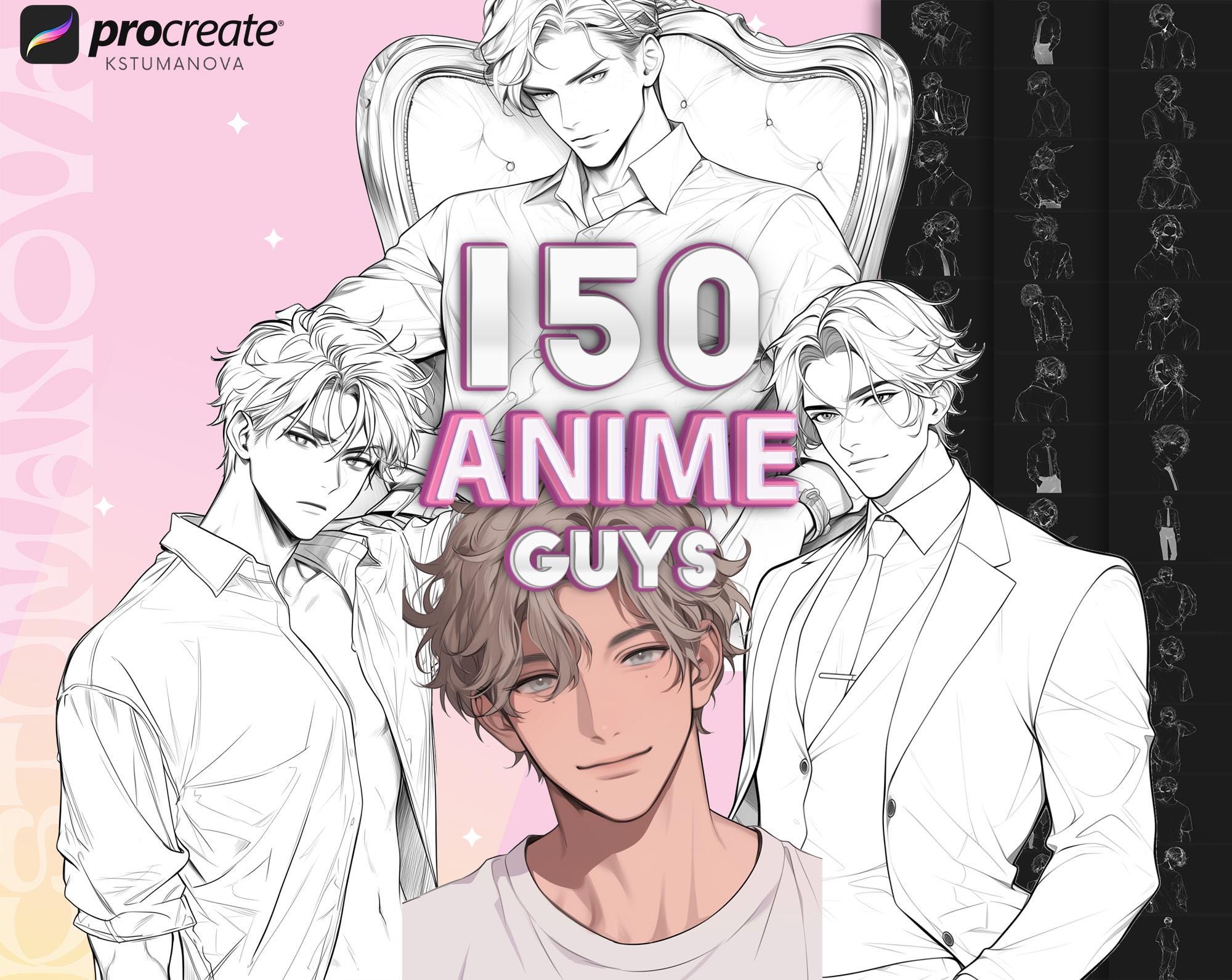 Procreate Anime Guys Stamps – 150 tampons de visages et poses corps masculins manga pour iPad