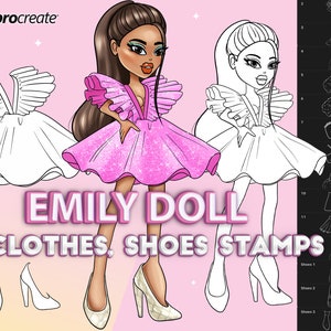 Procreate brushes. Procreate Character Design. Procreate pose and clothes stamps. Emily doll