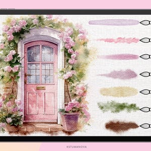 Op de afbeelding: Een aquarel schilderij van een roze deur met een rank van roze bloemen die eromheen groeit. De deur is in een bakstenen muur geplaatst en heeft een klein raam erboven. Het schilderij is op een witte achtergrond met een rij aquarel penseelstreken in verschillende kleuren aan de rechterkant.