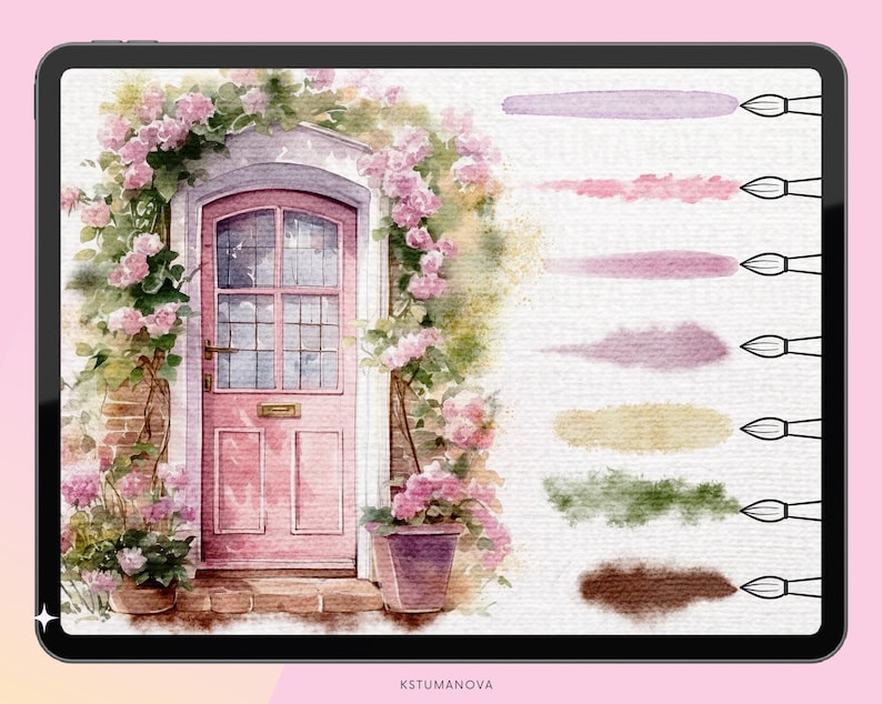 Op de afbeelding: Een aquarel schilderij van een roze deur met een rank van roze bloemen die eromheen groeit. De deur is in een bakstenen muur geplaatst en heeft een klein raam erboven. Het schilderij is op een witte achtergrond met een rij aquarel penseelstreken in verschillende kleuren aan de rechterkant.