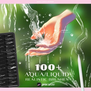 May include: Digital art brushes for Procreate, featuring a hand interacting with water. The image includes a tablet displaying brush options, a white stylus, and the text "100+ Aqua/Liquid Realistic Brushes" with the Procreate logo.