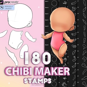 Procreate chibi maker brushes. Procreate head, body poses, hand, leg stamps. Procreate anime, manga brush. Procreate character design