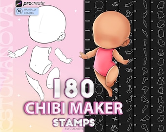 Procreate chibi maker brushes. Procreate head, body poses, hand, leg stamps. Procreate anime, manga brush. Procreate character design