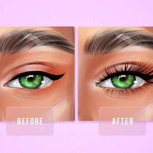 May include: Before and after image of an eye with green eyeshadow and eyeliner. The before image shows a thin line of eyeliner and the after image shows a thicker line of eyeliner and lashes.