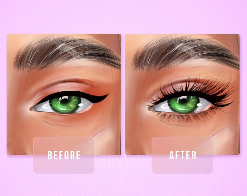 May include: Before and after image of an eye with green eyeshadow and eyeliner. The before image shows a thin line of eyeliner and the after image shows a thicker line of eyeliner and lashes.