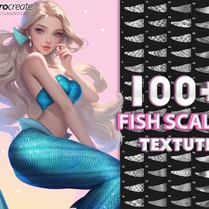 May include: A digital illustration of a mermaid with long blonde hair wearing a blue and turquoise fish scale patterned bikini top and tail. The image is set against a pink background with white stars. The image also includes a collection of 100+ fish scale textures labeled "Fish Scales Textute".