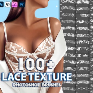 Puede incluir: Un conjunto de más de 100 pinceles de Photoshop de textura de encaje. La imagen muestra a una mujer con un sujetador de encaje blanco y una camisa blanca. Los pinceles se muestran en una cuadrícula en el lado derecho de la imagen.