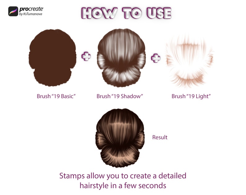 Procreate hair brushes. Procreate hairstyles bun stamps. Digital Bun brush image 2