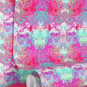 Carta da parati psichedelica pop - Design astratto a vortice in pesca, verde o bubblegum / Arte murale massimalista colorata di Liberty James Studio