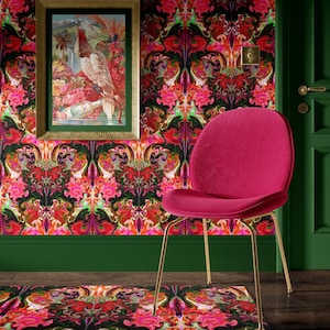 Carta da parati Coral Gables – Carta da parati floreale audace in rosso, rosa e verde / Arte murale botanica astratta / Decorazioni di design massimaliste