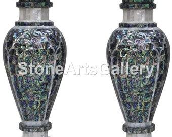 15" Marble Handmade Flower Vase Pair Pauashell Inlay Stone Hallway Decor, Marble Vase Set, Vase For Gift, Decor Flower Vase, Inlay Vase Pair