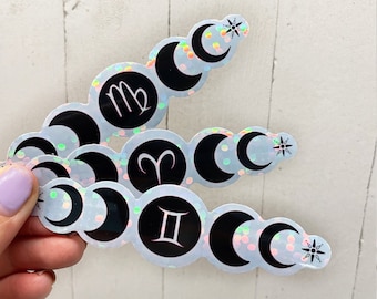 Zodiac Moon Phases Holo Stickers: Waterproof Vinyl Decal