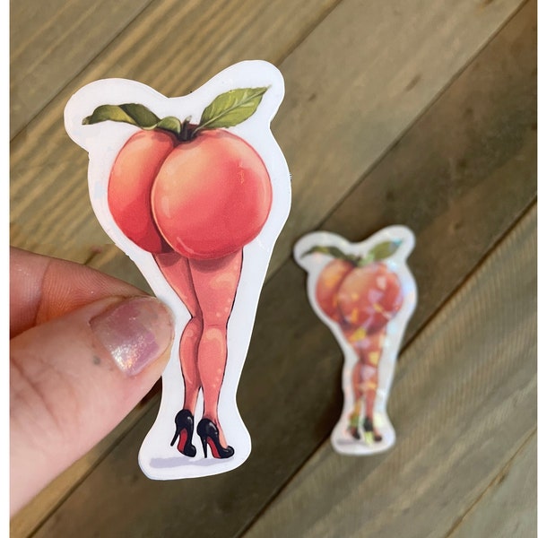 Peach Pin-Up Girl Vinyl Holographic Waterproof Sticker | Retro | Laptop Decal | Pin-Up Girl | Peach Lover