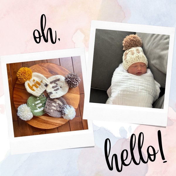 Hi! Newborn Baby Knit Hat  {Toque, Big Pom Pom Hat, Beanie, Cap/Newborn Photo Shoot/New Baby Announcement]