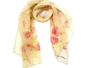 Vintage 1950s Floral Chiffon Rectangular Scarf Designed in Paris