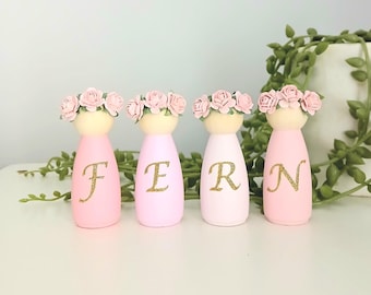Peg Dolls, personalised, wooden, flowered, shelf décor, girls room decorations, Nursery, Birthday gifts, Christening, new baby, flower girl