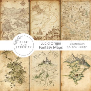 May include: Six digital fantasy maps, each 12 x 12 inches, with detailed illustrations of castles, mountains, and forests. The maps are in sepia tones, with the text "Lucid Origin Fantasy Maps" and "Shop for Eternity".