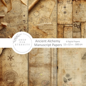 May include: Six digital papers with a vintage, parchment-like aesthetic. The papers display handwritten text, compass roses, and alchemical symbols. The text "Ancient Alchemy Manuscript Papers" is visible, with each paper measuring 30.48 cm x 30.48 cm.