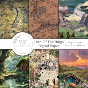 May include: A collection of six digital papers with a Lord of the Rings theme. The papers feature maps, landscapes, and illustrations from the fantasy world. Each paper is 12 x 12 inches and has a resolution of 300 DPI.