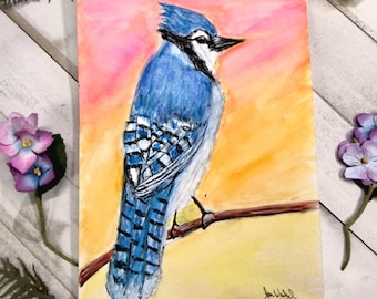 Blue Jay at Sunset, original watercolor painting, 5.5 x 8.5 inches
