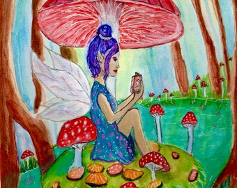 Fairy of the Mushrooms , watercolor painting fine art print