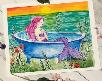 Mermaid by the Sea, watercolor painting fine art print