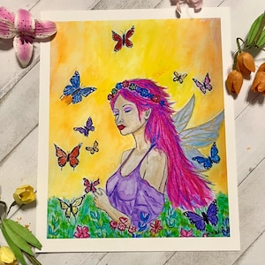 Fairy of the Butterflies , watercolor painting fine art print, 8x10 inches