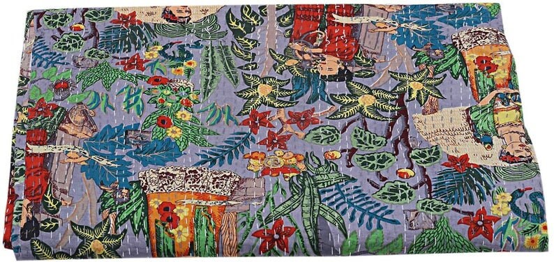Frida Kahlo Printed Cotton Quilted Blanket Indian Twin Handmade Bedspread Kantha Work Bohemian Bed Decor Throw Blanket 90x108inch