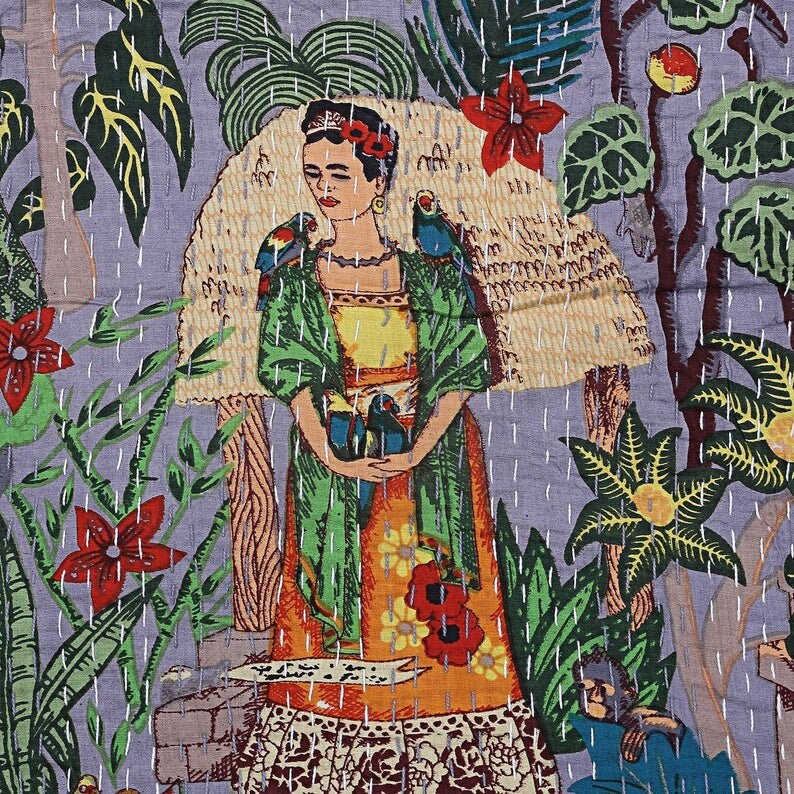 Frida Kahlo Printed Cotton Quilted Blanket Indian Twin Handmade Bedspread Kantha Work Bohemian Bed Decor Throw Blanket 90x108inch
