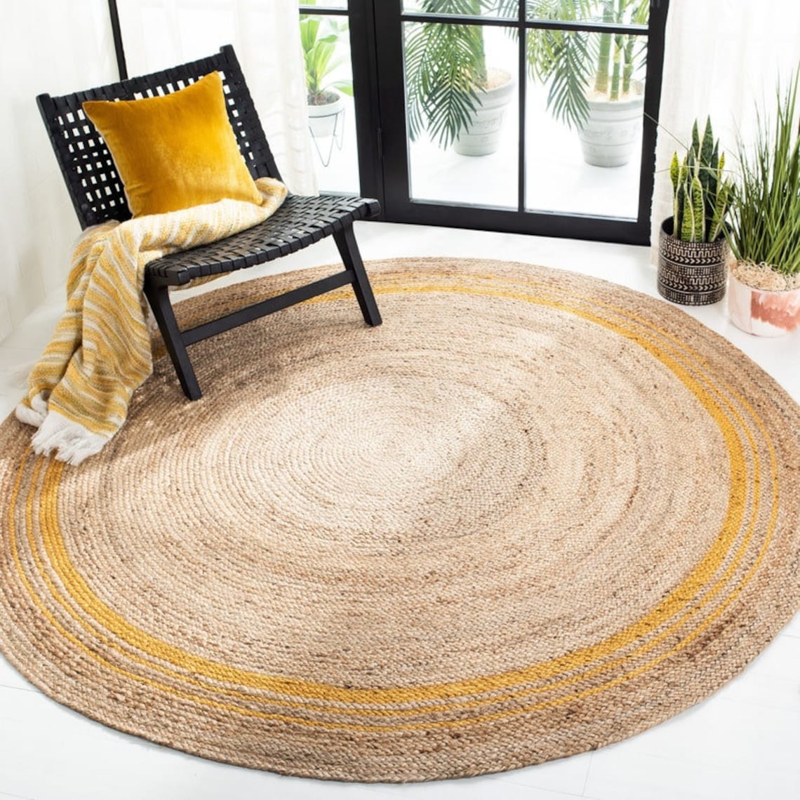 Round Black Border Natural Jute Rug Natural Fiber Vintage Rug Etsy