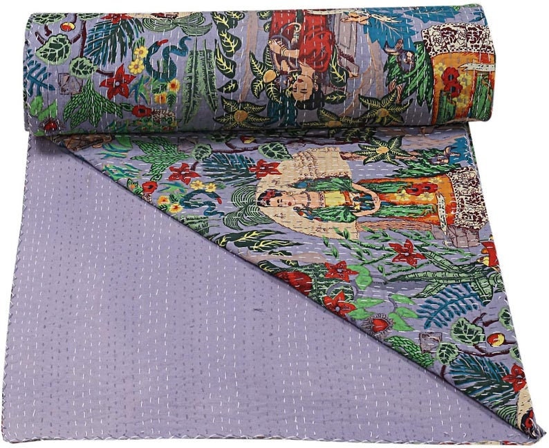 Frida Kahlo Printed Cotton Quilted Blanket Indian Twin Handmade Bedspread Kantha Work Bohemian Bed Decor Throw Blanket 90x108inch
