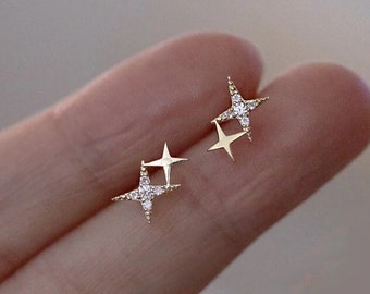 Pendientes de Plata de Ley 925, Pendientes con Micro Incrustaciones, Pendiente para Mujer, Regalo de Cumpleaños, Pendientes de Estrella, Pendientes Pequeños Lindos