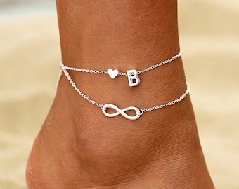 Boho Initial Anklet, Hart Infinity Enkelband voor Vrouwen, Verjaardagscadeau, Zilveren Enkelband, Aangepaste Sieraden, Bruidsmeisje Cadeau