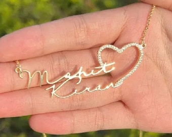 Double Name Necklace with Heart, Customized Name Necklace, Gift for Her, Cursive Font Necklace, Anniversary Gift