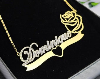 Personalized Name Necklace, Rose Flower Necklace, Gift for Her, Nameplate Necklace, Crystal Name Necklace, Love Gift