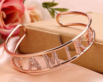 Custom Name Bangle with Zircon, Initial Bangle, Gift for Her, Bangle Bracelet, Personalized Jewelry, Gold Name Bangle