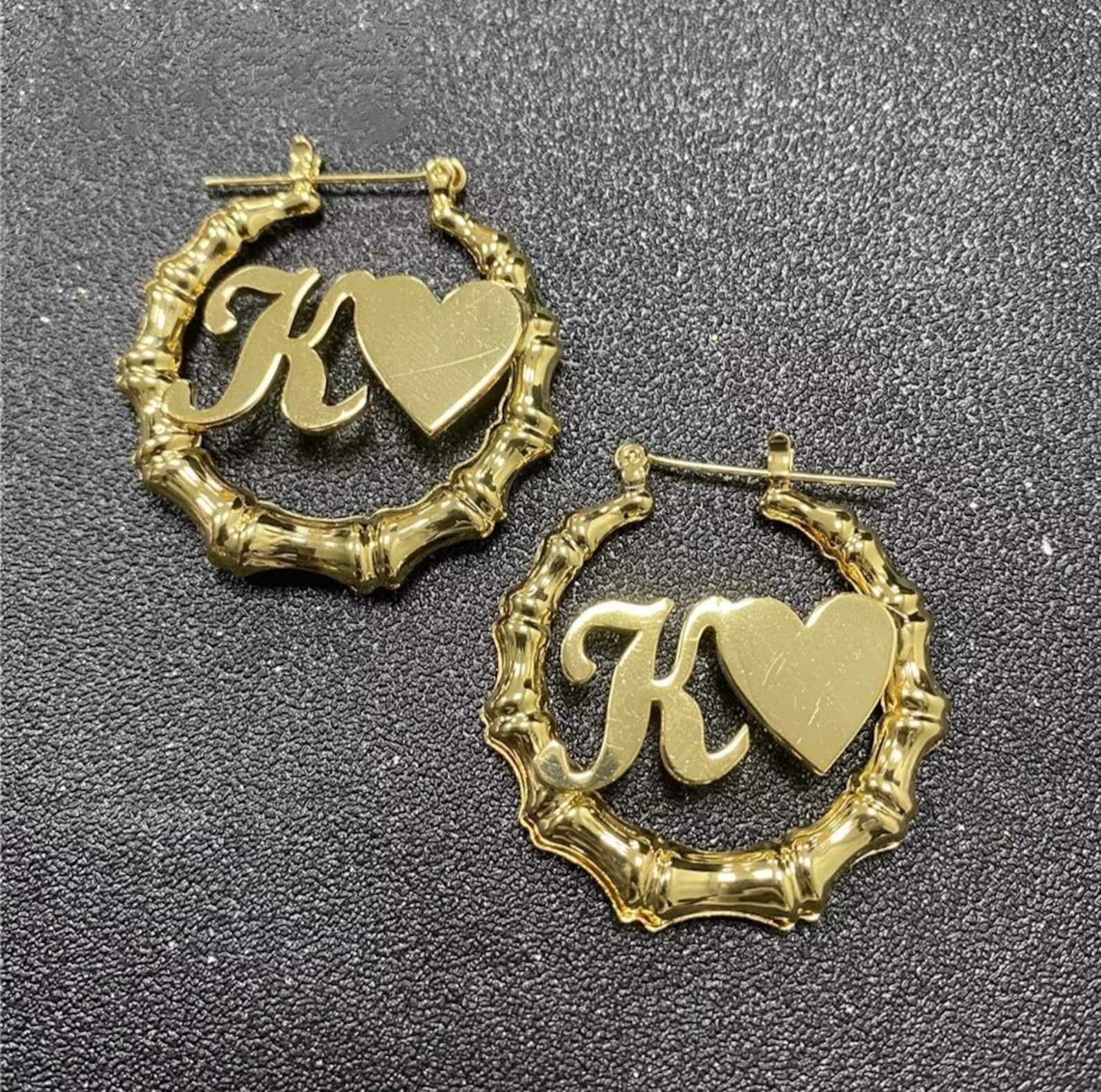 18K Custom Letter Hoop Earrings / Women Gift / Bamboo Earrings Etsy