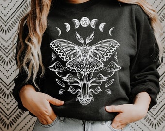 Luna Moth Sweater, Cottagecore, Gothic, Spirituality Shirt, Crescent Moon Shirt Dark Academia Mushroom Shirt Magic Mushrooms Witchy Shirt
