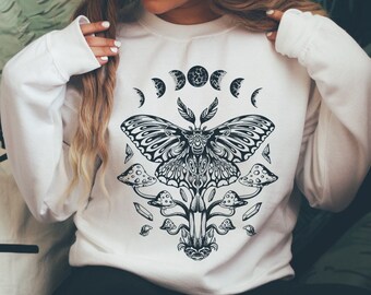 Luna Moth Sweater, Cottagecore, Gothic, Spirituality Shirt, Crescent Moon Shirt Dark Academia Mushroom Shirt Magic Mushrooms Witchy Shirt