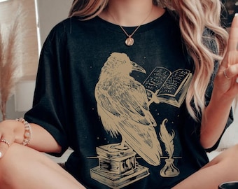 Reading Raven Shirt, Witchy Shirt, Pastel Goth, Celestial Shirt, Cottagecore Shirt, Witchy Clothing, Dark Academia Shirt, Occult Shirt, Crow