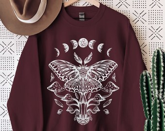 Luna Moth Sweater, Cottagecore, Gothic, Spirituality Shirt, Crescent Moon Shirt Dark Academia Mushroom Shirt Magic Mushrooms Witchy Shirt