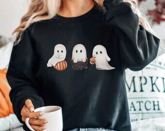 Cute Pumpkin Ghost Sweatshirt, Halloween Shirt, Halloween Sweatshirt, Spooky Season Shirt, Spooky Vibes, Halloween Crewneck Halloween Shirts