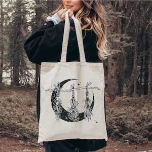 Witchy Tote Bag, Moon, Herbs, Cottagecore Bag, Pastel Goth Tote Bag, Goblincore, Dark Academia, Witchy Stuff, Gothic, Spirituality, Mystical